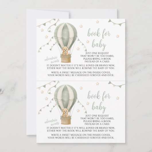 Invitation Green Teddy Balloon Adventure Book for Baby shower (Devant)