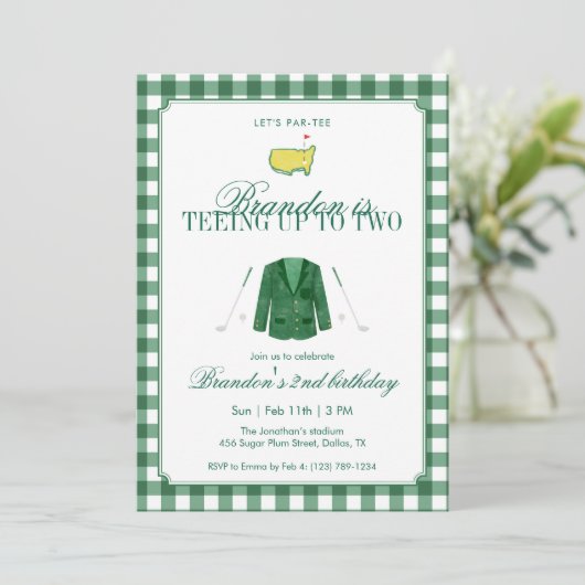 Invitation Green Teeing Up To Two Golf 2nd Birthday Gingham (Debout devant)