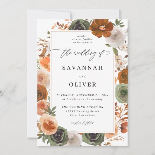 Invitation Green & Terra Cotta Floral Mariage S2 - Blanc (Devant)