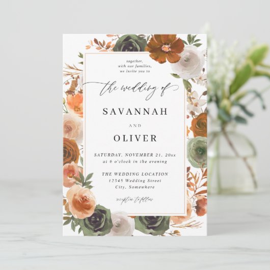 Invitation Green & Terra Cotta Floral Mariage S2 - Blanc (Debout devant)
