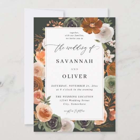 Invitation Green & Terra Cotta Floral Mariage S2 - Vert foncé (Devant)