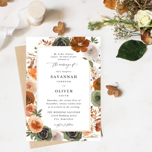 Invitation Green & Terra Cotta Floral Trad Mariage S2 - Blanc