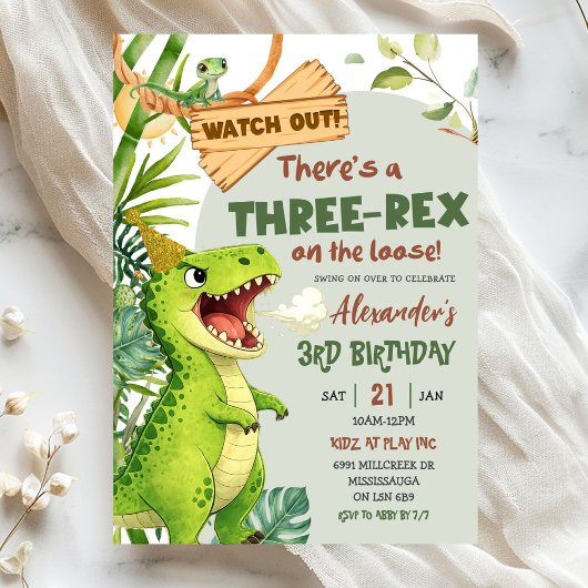 Invitation Green Three Rex On The Loose Third Birthday