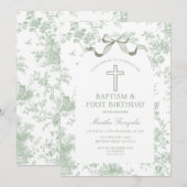 Invitation Green Toile de Jouy Baptism & First Birthday Bow  (Devant / Derrière)