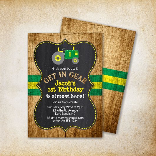 Invitation Green Tractor 1er anniversaire Boy Party Farm