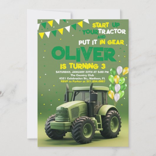 Invitation Green Tractor 3ème fête d'anniversaire (Devant)