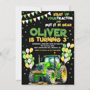 Invitation Green Tractor 3ème fête d'anniversaire