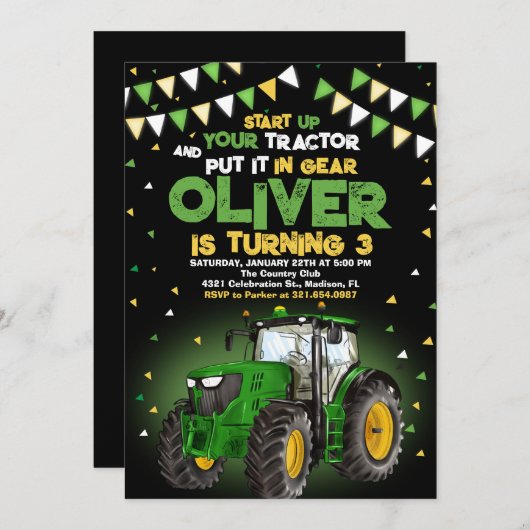 Invitation Green Tractor 5e fête d'anniversaire (Devant / Derrière)