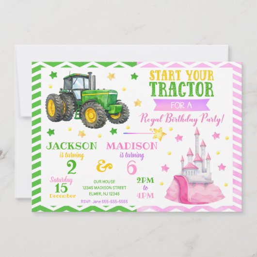 Invitation Green Tractor and Princess Joint Birthday (Devant)