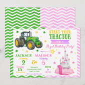 Invitation Green Tractor and Princess Joint Birthday (Devant / Derrière)