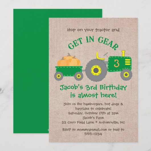 Invitation Green Tractor et Citrouilles Automne Fête des Garç (Devant / Derrière)
