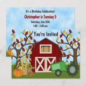 Invitation Green Tractor et Red Barn Autumn Farm Anniversaire (Devant / Derrière)