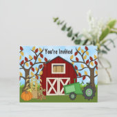 Invitation Green Tractor et Red Barn Autumn Farm Anniversaire (Debout devant)