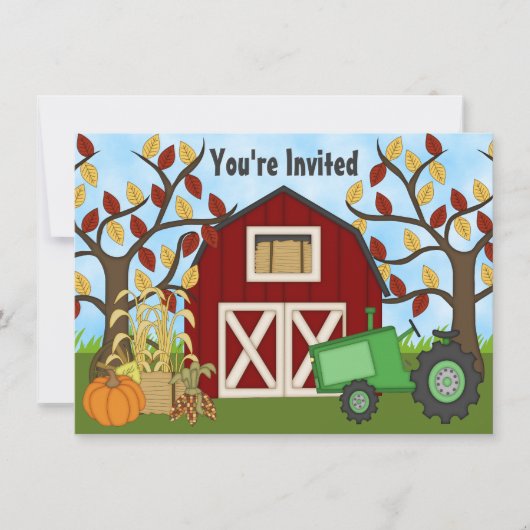 Invitation Green Tractor et Red Barn Autumn Farm Anniversaire (Devant)