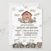 Invitation Green Tractor Farm Boy 3e fête d'anniversaire (Devant)