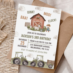 Invitation Green Tractor Farm Boy 3e fête d'anniversaire
