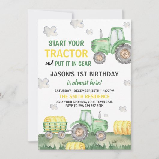 Invitation Green Tractor Farm Boy Birthday Party (Devant)