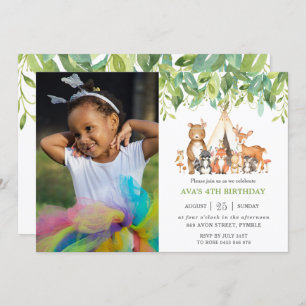 Invitation Green Tribal Woodland Animaux Photo d'anniversaire