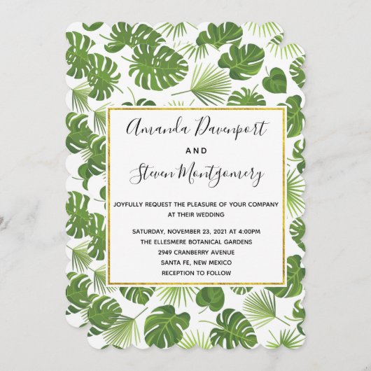 Invitation Green Tropical Feuille Motif élégant Mariage (Devant / Derrière)