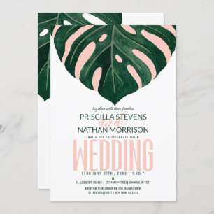Invitation Green Tropical Swiss Cheese Leaf Pink Mariage