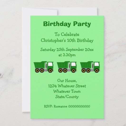 Invitation Green Truck Design Boy's Birthday Party (Devant)