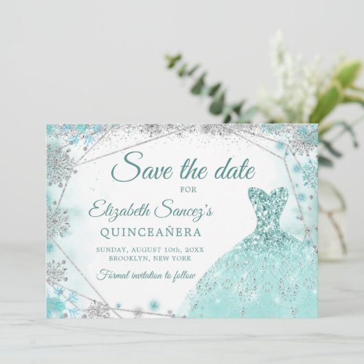 Invitation Green Turquoise Snowflake Mis Quince Enregistrer l (Debout devant)