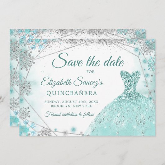 Invitation Green Turquoise Snowflake Mis Quince Enregistrer l (Devant / Derrière)