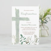 Invitation green watercolor cross Confirmation (Debout devant)