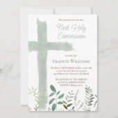 Invitation green watercolor cross First Communion (Devant)