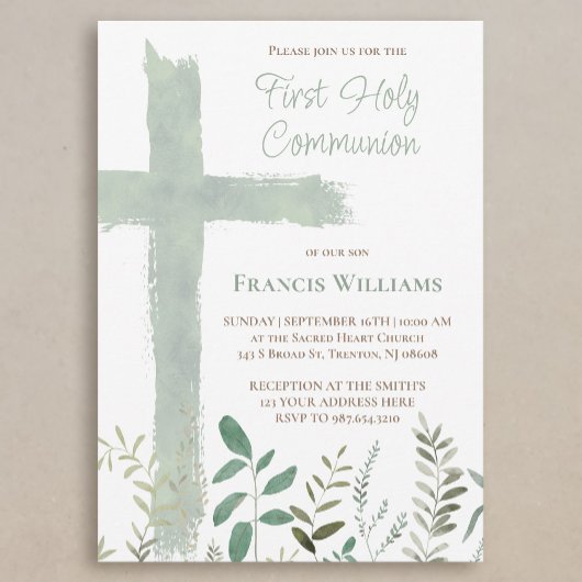 Invitation green watercolor cross First Communion