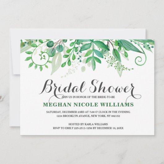Invitation Green Watercolor Feuille nuptiale douche Invitatio (Devant)