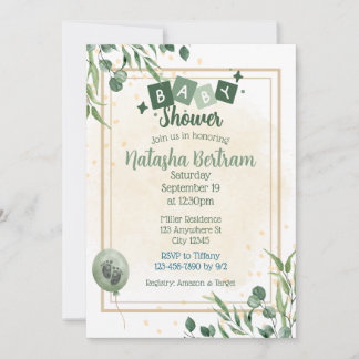 Invitation Green Watercolor Floral Leaves Baby Shower