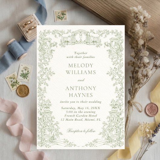 Invitation Green Watercolor Garden art Gate Wedding