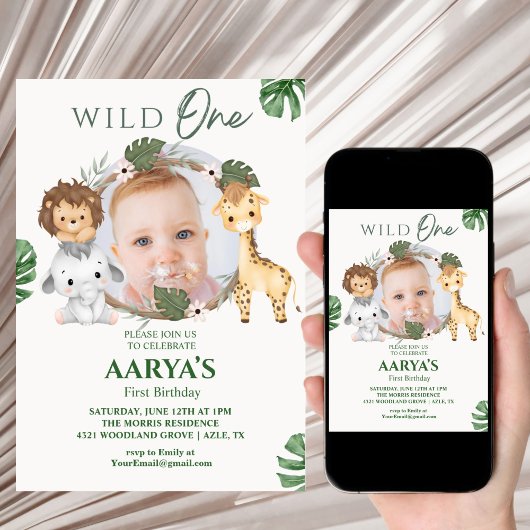 Invitation Green Watercolor Jungle Wild One First Birthday
