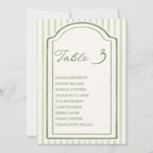 Invitation Green Wedding Striped Table Seating Chart Cards (Devant)