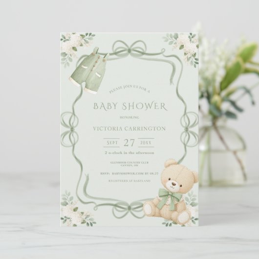 Invitation Green Whimsical Frame Vintage Bear  (Debout devant)