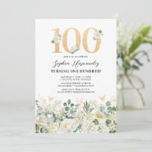 Invitation Green & White Floral 100e fête d'anniversaire (Debout devant)