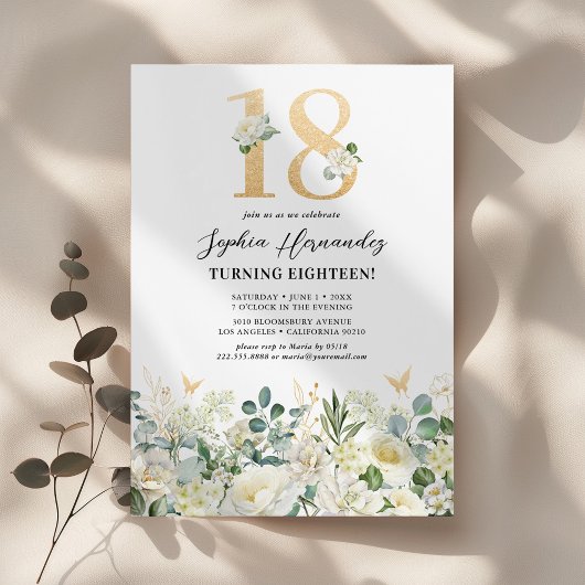 Invitation Green & White Floral 18e fête d'anniversaire