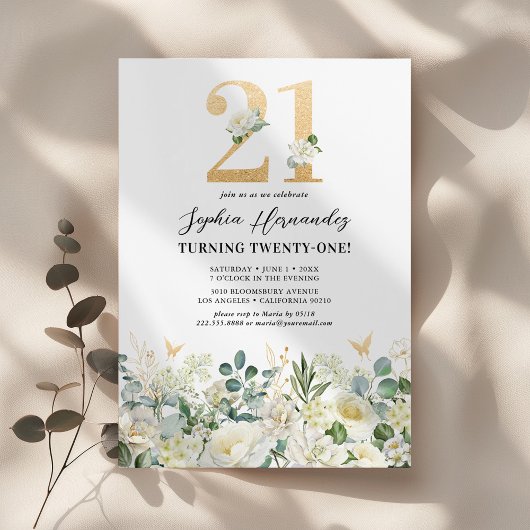 Invitation Green & White Floral 21e fête d'anniversaire