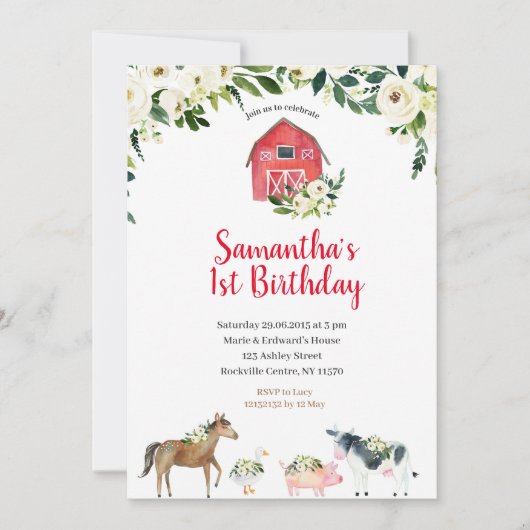 Invitation Green White Floral Farm 1er anniversaire Invitatio (Devant)