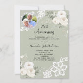 Invitation Green white florals photo 25th wedding anniversary (Devant)