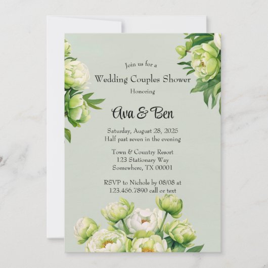Invitation Green White Peony Elégant Mariage Couples Douche (Devant)