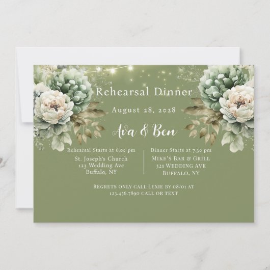 Invitation Green White Peony Light Ajouter Photo Rehearer Dîn (Devant)