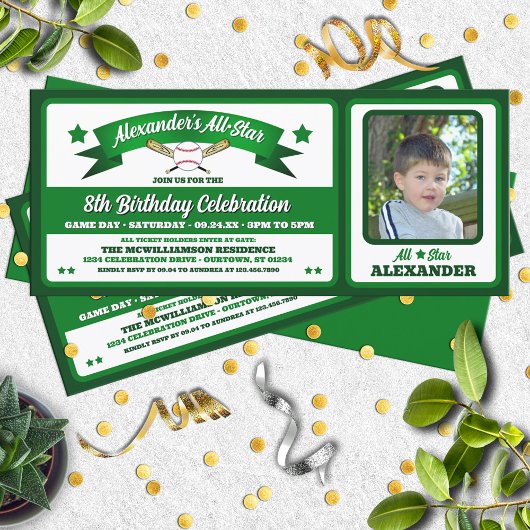 Invitation Green & White Photo Baseball Game Ticket Birthday