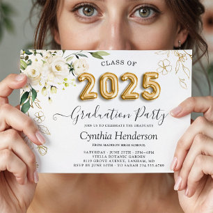 Invitation Green White Roses Floral Classe de 2025 Graduation
