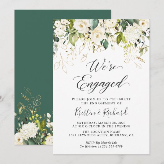 Invitation Green White Roses Gold Floral Engagement Party (Devant / Derrière)