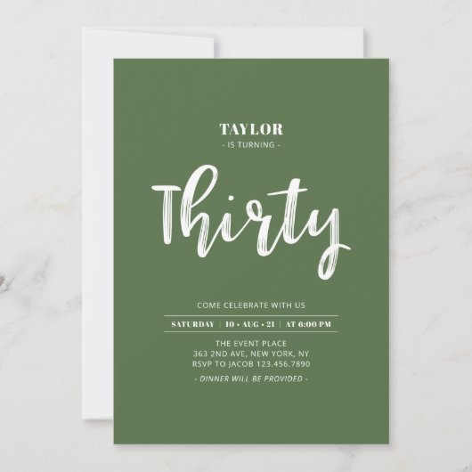 Invitation Green & White Simple 30e fête d'anniversaire (Devant)