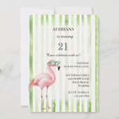 Invitation Green White Stripes Flamant rose rose Anniversaire (Devant)