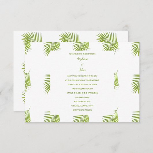 Invitation Green White Tropical Palm Feuille Mariage Motif (Devant / Derrière)