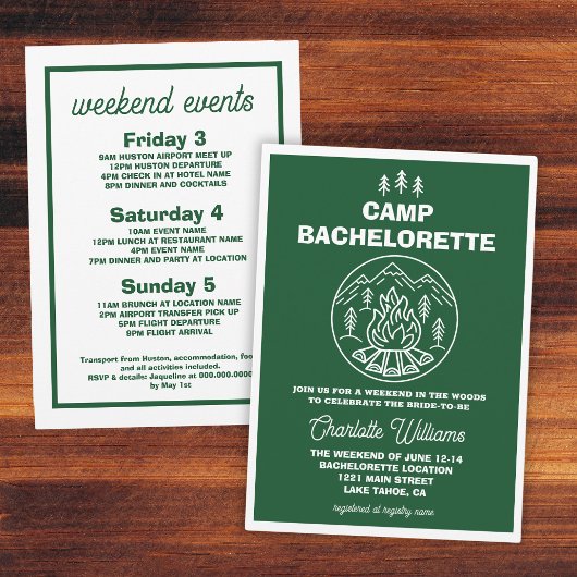 Invitation Green White Weekend Camp Bachelorette